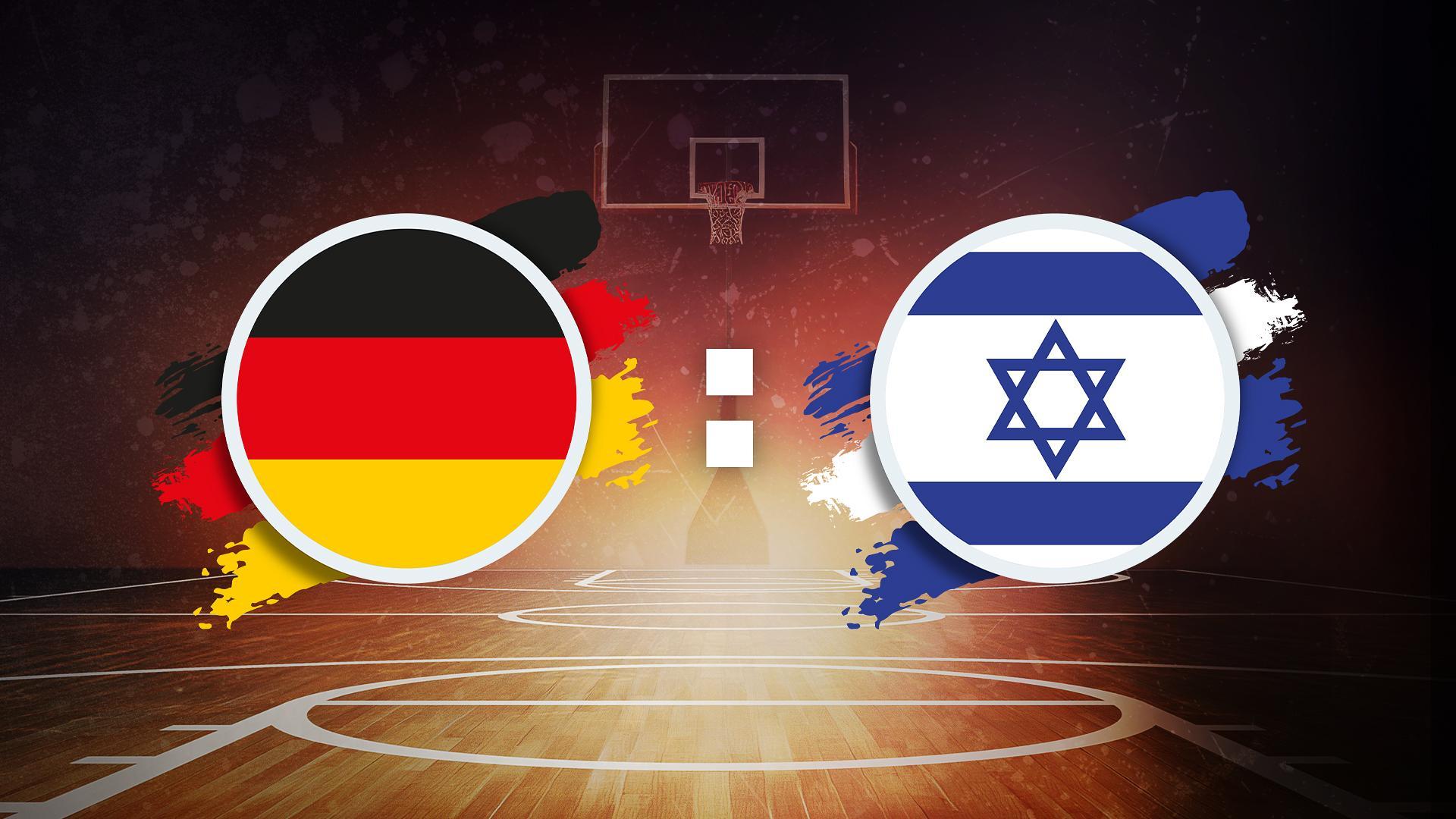 Werbegrafik FIBA WM-Qualifikation mit Logos von Deutschland und Israel auf Basketball-Hintergrund